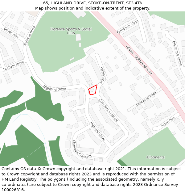 65, HIGHLAND DRIVE, STOKE-ON-TRENT, ST3 4TA: Location map and indicative extent of plot