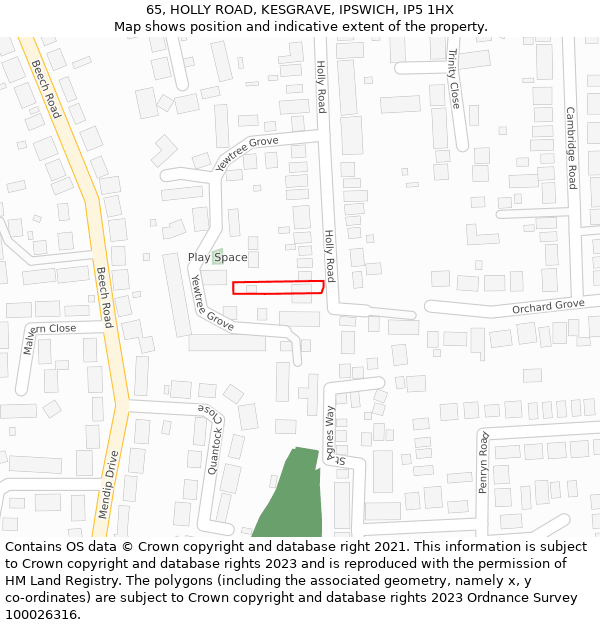 65, HOLLY ROAD, KESGRAVE, IPSWICH, IP5 1HX: Location map and indicative extent of plot
