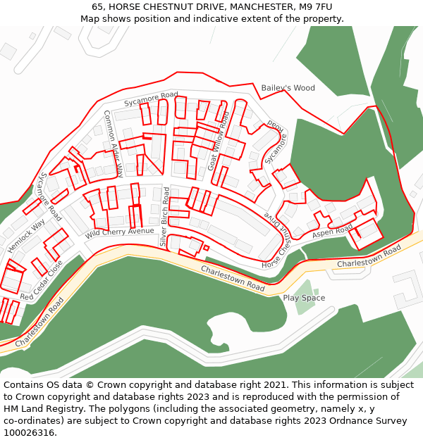 65, HORSE CHESTNUT DRIVE, MANCHESTER, M9 7FU: Location map and indicative extent of plot