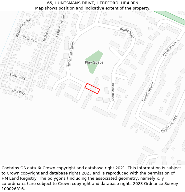 65, HUNTSMANS DRIVE, HEREFORD, HR4 0PN: Location map and indicative extent of plot
