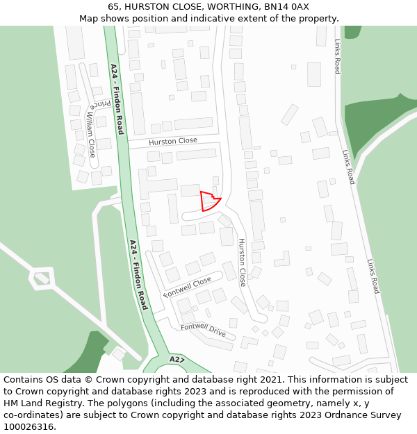 65, HURSTON CLOSE, WORTHING, BN14 0AX: Location map and indicative extent of plot