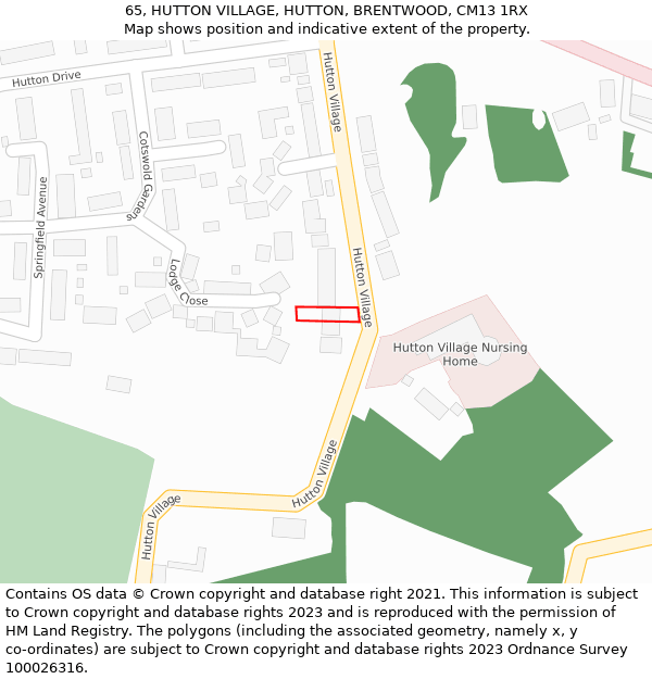 65, HUTTON VILLAGE, HUTTON, BRENTWOOD, CM13 1RX: Location map and indicative extent of plot