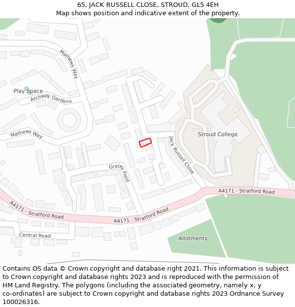 65, JACK RUSSELL CLOSE, STROUD, GL5 4EH: Location map and indicative extent of plot