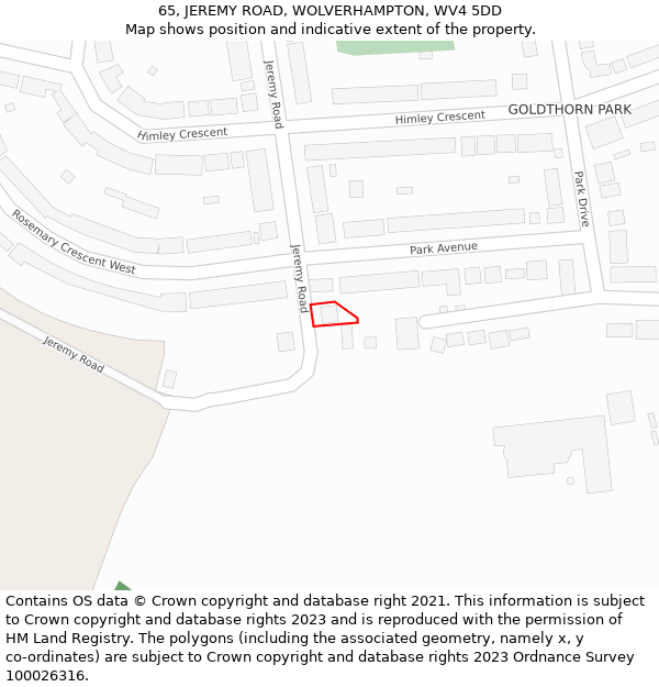 65, JEREMY ROAD, WOLVERHAMPTON, WV4 5DD: Location map and indicative extent of plot