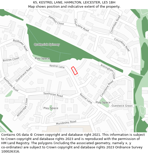 65, KESTREL LANE, HAMILTON, LEICESTER, LE5 1BH: Location map and indicative extent of plot