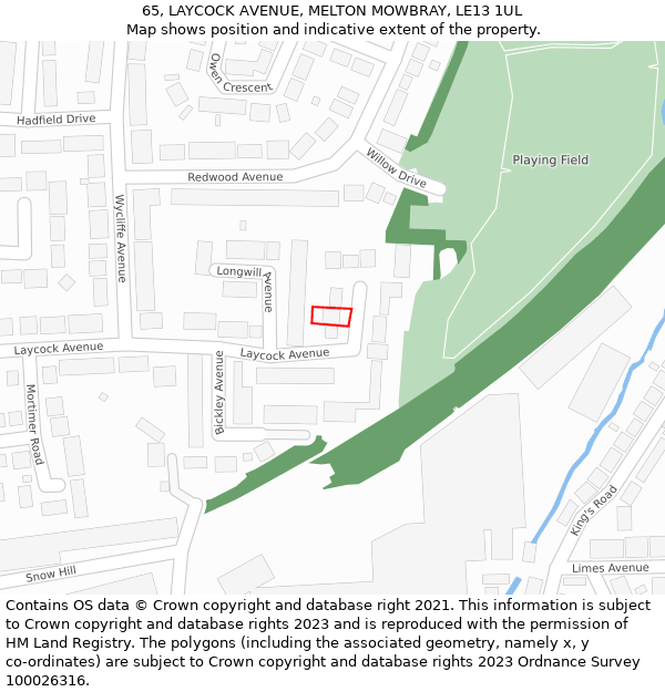 65, LAYCOCK AVENUE, MELTON MOWBRAY, LE13 1UL: Location map and indicative extent of plot