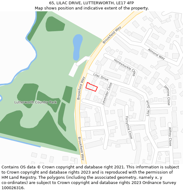 65, LILAC DRIVE, LUTTERWORTH, LE17 4FP: Location map and indicative extent of plot