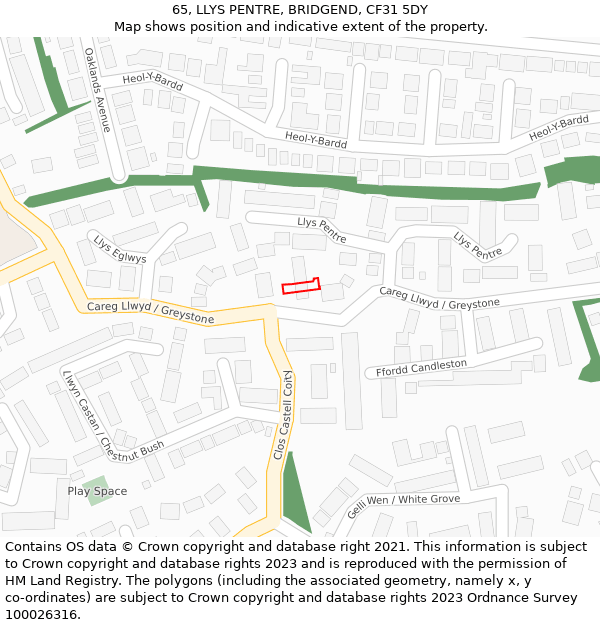 65, LLYS PENTRE, BRIDGEND, CF31 5DY: Location map and indicative extent of plot