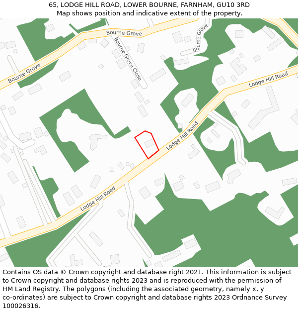 65, LODGE HILL ROAD, LOWER BOURNE, FARNHAM, GU10 3RD: Location map and indicative extent of plot