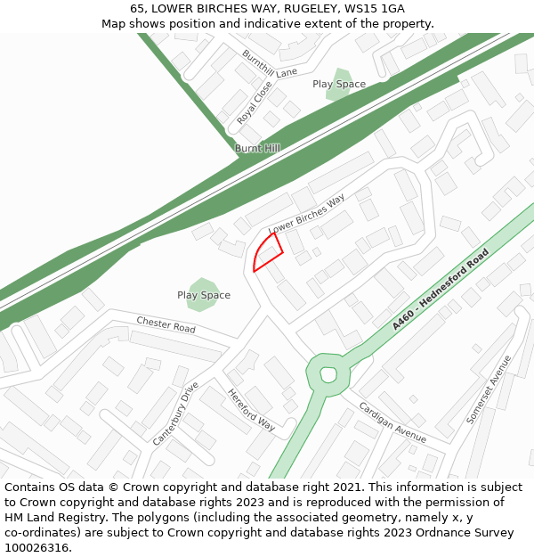 65, LOWER BIRCHES WAY, RUGELEY, WS15 1GA: Location map and indicative extent of plot