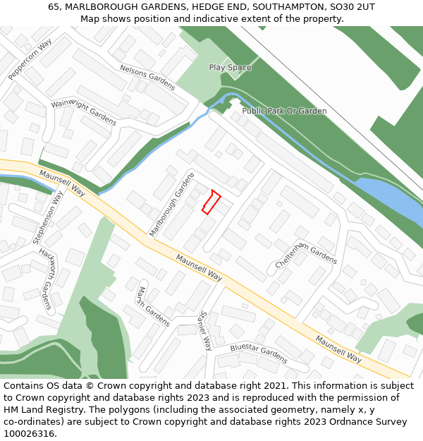 65, MARLBOROUGH GARDENS, HEDGE END, SOUTHAMPTON, SO30 2UT: Location map and indicative extent of plot