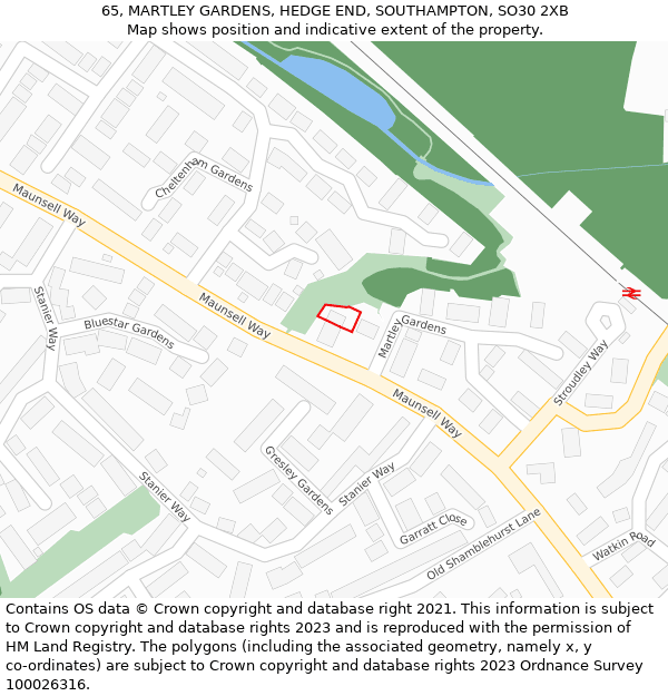 65, MARTLEY GARDENS, HEDGE END, SOUTHAMPTON, SO30 2XB: Location map and indicative extent of plot