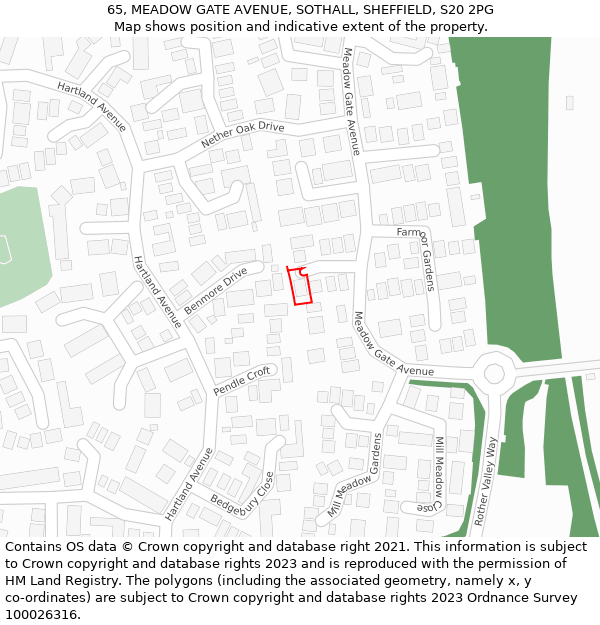 65, MEADOW GATE AVENUE, SOTHALL, SHEFFIELD, S20 2PG: Location map and indicative extent of plot