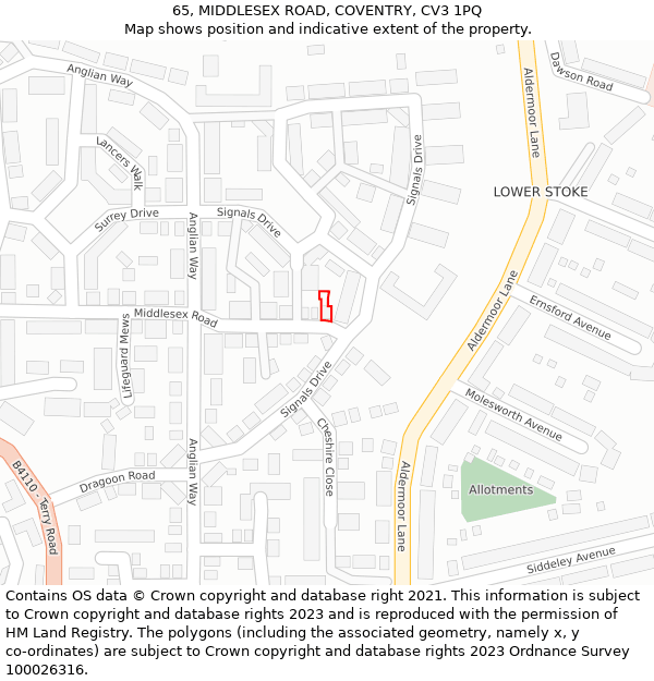65, MIDDLESEX ROAD, COVENTRY, CV3 1PQ: Location map and indicative extent of plot