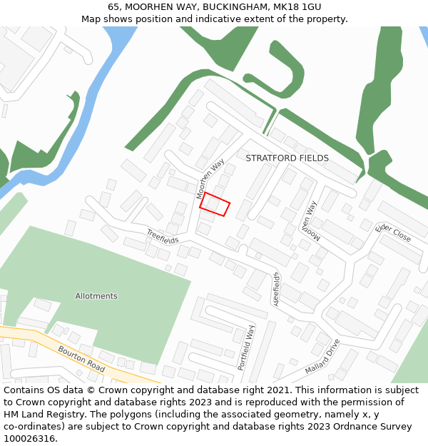 65, MOORHEN WAY, BUCKINGHAM, MK18 1GU: Location map and indicative extent of plot