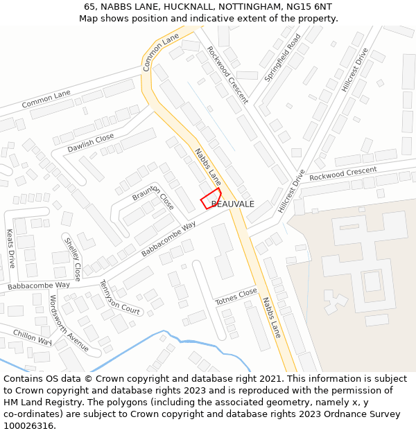 65, NABBS LANE, HUCKNALL, NOTTINGHAM, NG15 6NT: Location map and indicative extent of plot