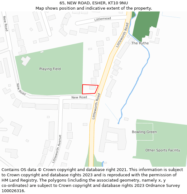 65, NEW ROAD, ESHER, KT10 9NU: Location map and indicative extent of plot