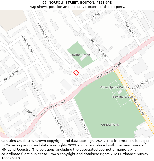 65, NORFOLK STREET, BOSTON, PE21 6PE: Location map and indicative extent of plot