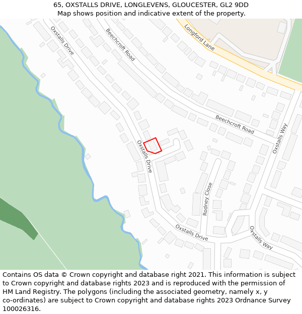 65, OXSTALLS DRIVE, LONGLEVENS, GLOUCESTER, GL2 9DD: Location map and indicative extent of plot