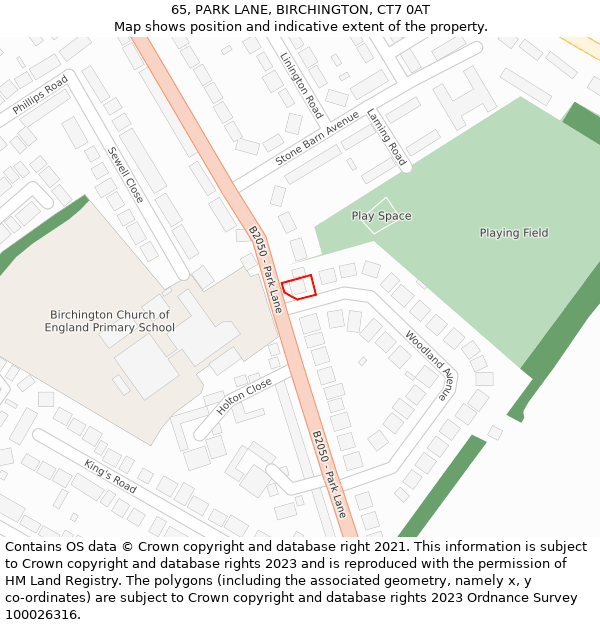 65, PARK LANE, BIRCHINGTON, CT7 0AT: Location map and indicative extent of plot