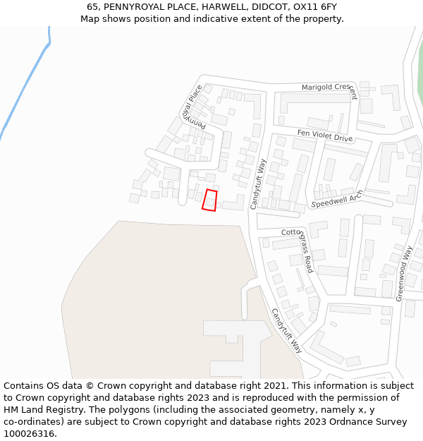 65, PENNYROYAL PLACE, HARWELL, DIDCOT, OX11 6FY: Location map and indicative extent of plot
