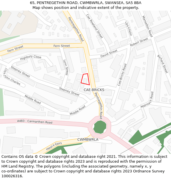 65, PENTREGETHIN ROAD, CWMBWRLA, SWANSEA, SA5 8BA: Location map and indicative extent of plot