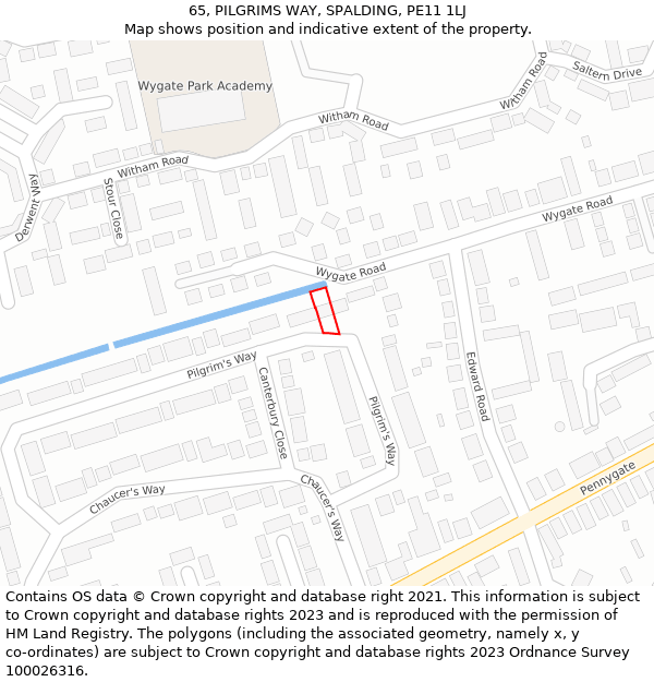 65, PILGRIMS WAY, SPALDING, PE11 1LJ: Location map and indicative extent of plot