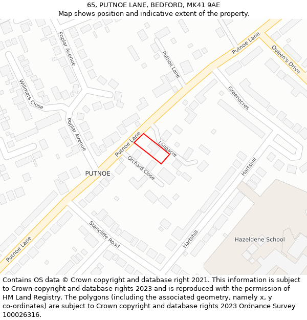 65, PUTNOE LANE, BEDFORD, MK41 9AE: Location map and indicative extent of plot