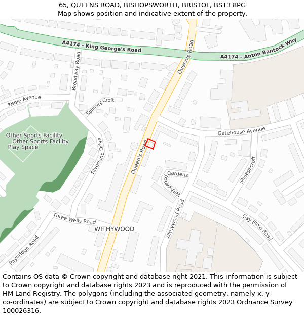 65, QUEENS ROAD, BISHOPSWORTH, BRISTOL, BS13 8PG: Location map and indicative extent of plot