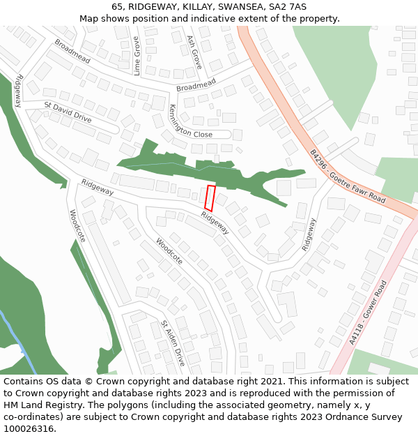 65, RIDGEWAY, KILLAY, SWANSEA, SA2 7AS: Location map and indicative extent of plot