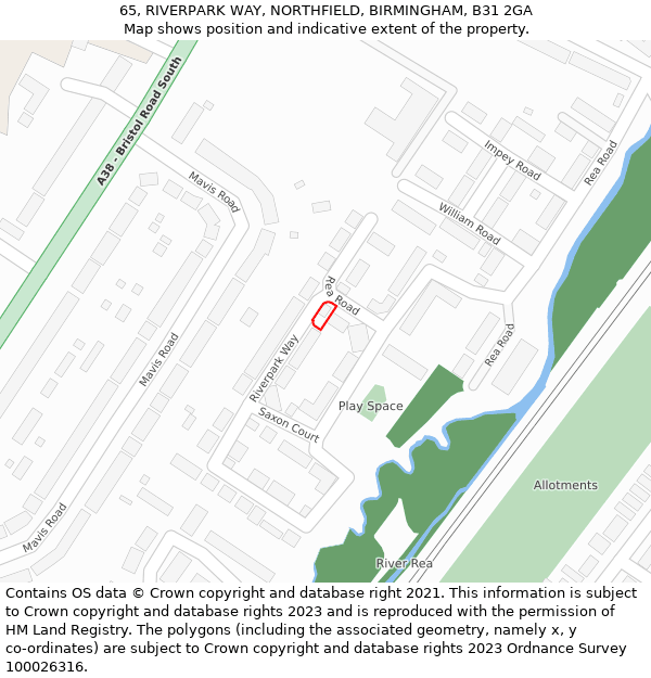 65, RIVERPARK WAY, NORTHFIELD, BIRMINGHAM, B31 2GA: Location map and indicative extent of plot