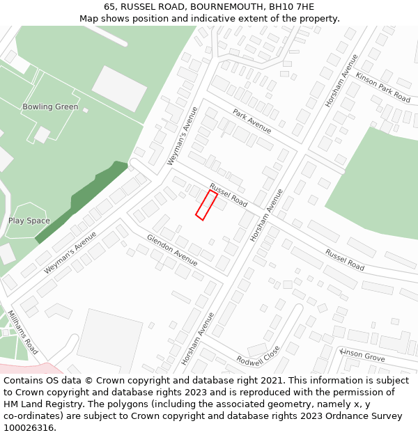 65, RUSSEL ROAD, BOURNEMOUTH, BH10 7HE: Location map and indicative extent of plot