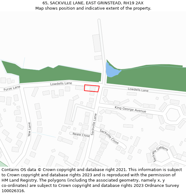 65, SACKVILLE LANE, EAST GRINSTEAD, RH19 2AX: Location map and indicative extent of plot