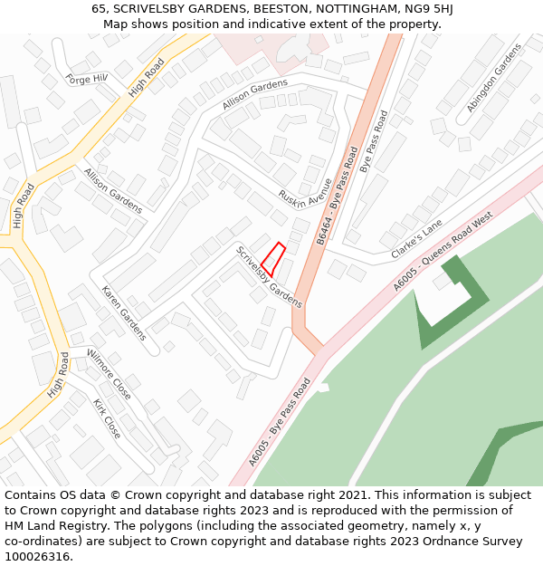 65, SCRIVELSBY GARDENS, BEESTON, NOTTINGHAM, NG9 5HJ: Location map and indicative extent of plot