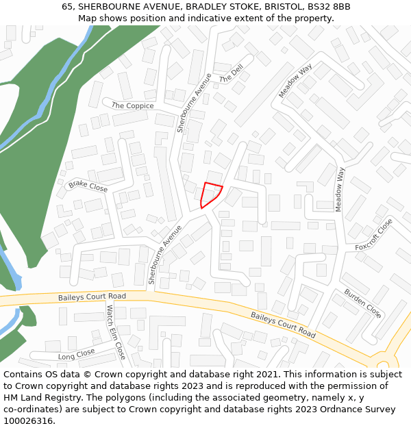 65, SHERBOURNE AVENUE, BRADLEY STOKE, BRISTOL, BS32 8BB: Location map and indicative extent of plot