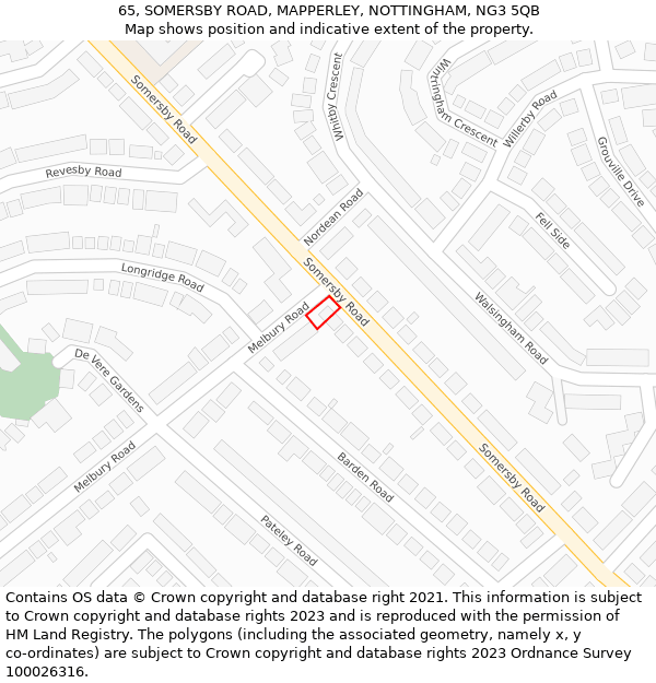 65, SOMERSBY ROAD, MAPPERLEY, NOTTINGHAM, NG3 5QB: Location map and indicative extent of plot