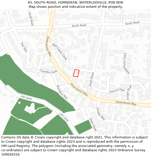65, SOUTH ROAD, HORNDEAN, WATERLOOVILLE, PO8 0EW: Location map and indicative extent of plot