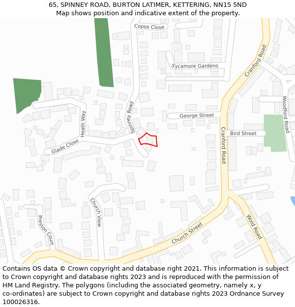 65, SPINNEY ROAD, BURTON LATIMER, KETTERING, NN15 5ND: Location map and indicative extent of plot