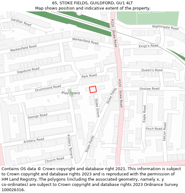 65, STOKE FIELDS, GUILDFORD, GU1 4LT: Location map and indicative extent of plot