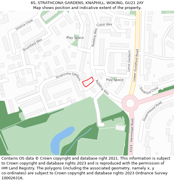 65, STRATHCONA GARDENS, KNAPHILL, WOKING, GU21 2AY: Location map and indicative extent of plot