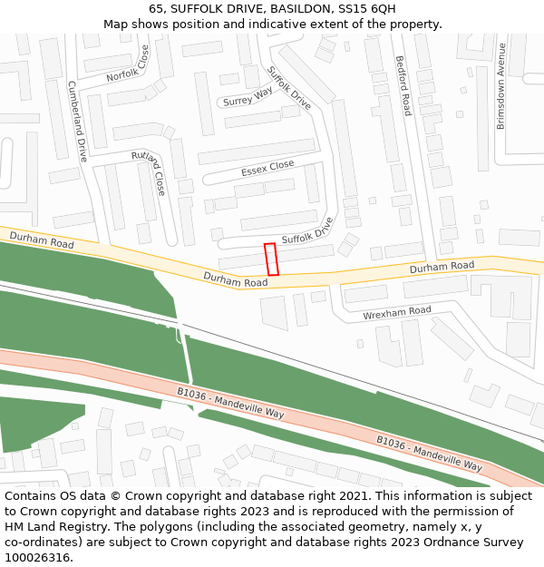 65, SUFFOLK DRIVE, BASILDON, SS15 6QH: Location map and indicative extent of plot