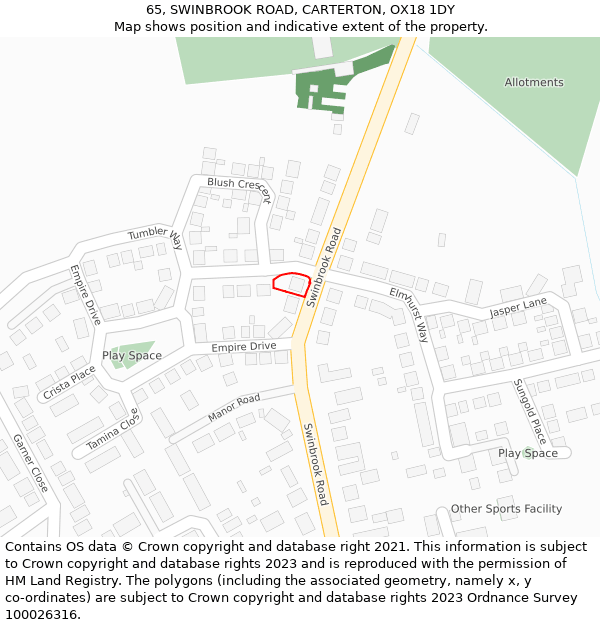 65, SWINBROOK ROAD, CARTERTON, OX18 1DY: Location map and indicative extent of plot