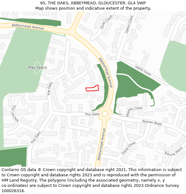 65, THE OAKS, ABBEYMEAD, GLOUCESTER, GL4 5WP: Location map and indicative extent of plot