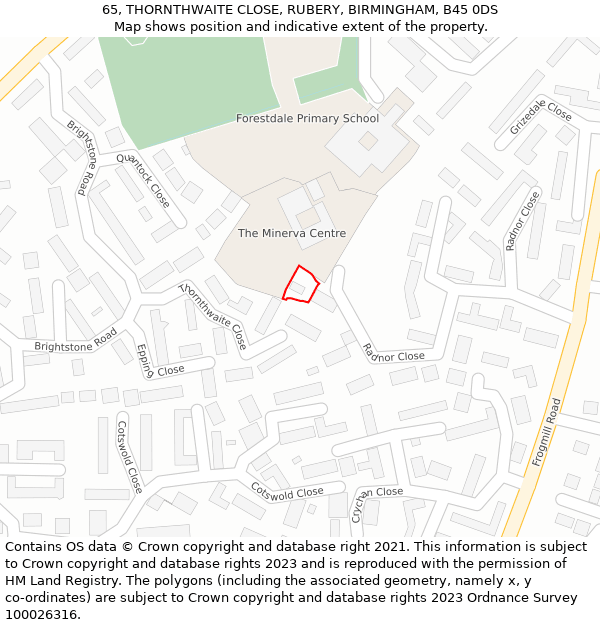 65, THORNTHWAITE CLOSE, RUBERY, BIRMINGHAM, B45 0DS: Location map and indicative extent of plot