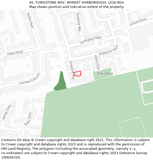 65, TUNGSTONE WAY, MARKET HARBOROUGH, LE16 9GA: Location map and indicative extent of plot