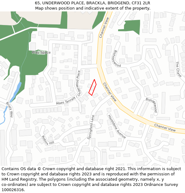 65, UNDERWOOD PLACE, BRACKLA, BRIDGEND, CF31 2LR: Location map and indicative extent of plot