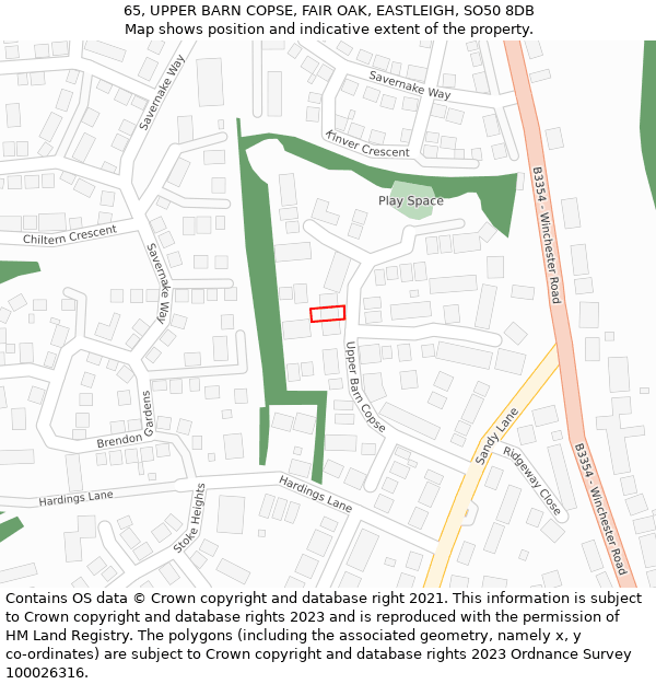 65, UPPER BARN COPSE, FAIR OAK, EASTLEIGH, SO50 8DB: Location map and indicative extent of plot