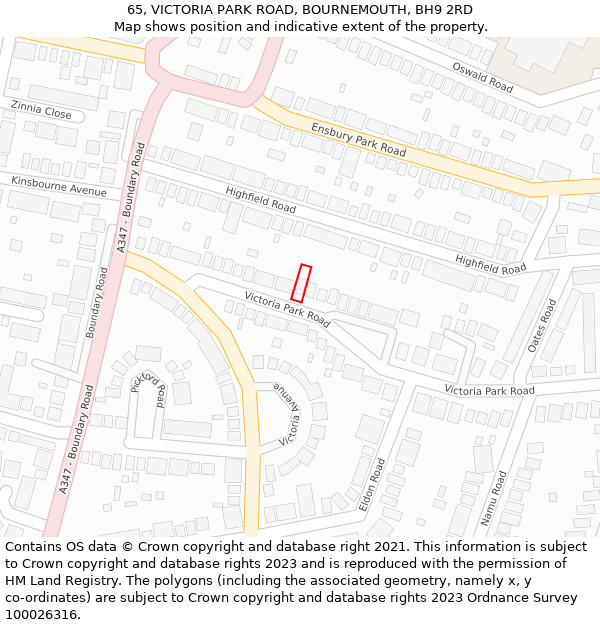 65, VICTORIA PARK ROAD, BOURNEMOUTH, BH9 2RD: Location map and indicative extent of plot