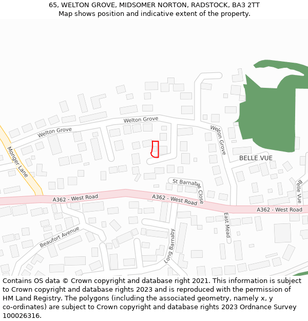 65, WELTON GROVE, MIDSOMER NORTON, RADSTOCK, BA3 2TT: Location map and indicative extent of plot