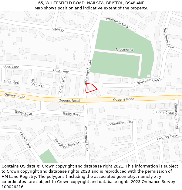 65, WHITESFIELD ROAD, NAILSEA, BRISTOL, BS48 4NF: Location map and indicative extent of plot